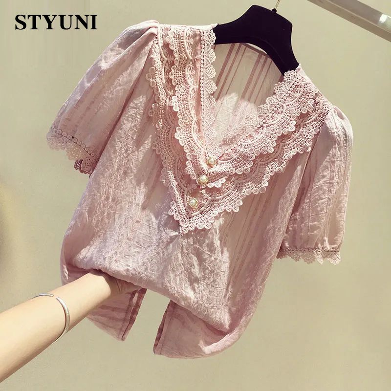 Winter Clothing Korean - Lace Ruffles V-Neck Chiffon Solid Casual