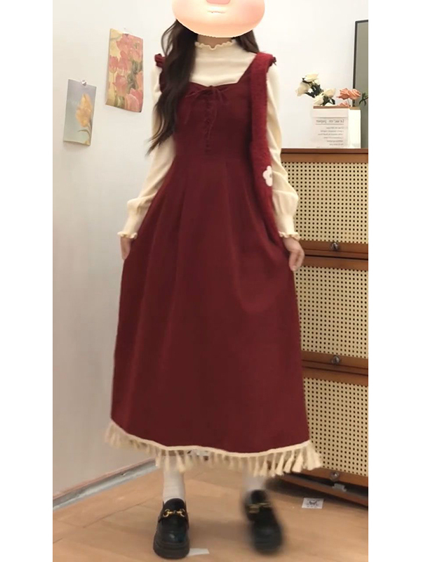Winter Clothing Layers - Elegant Red Tassel Vest Dress Two-Piece